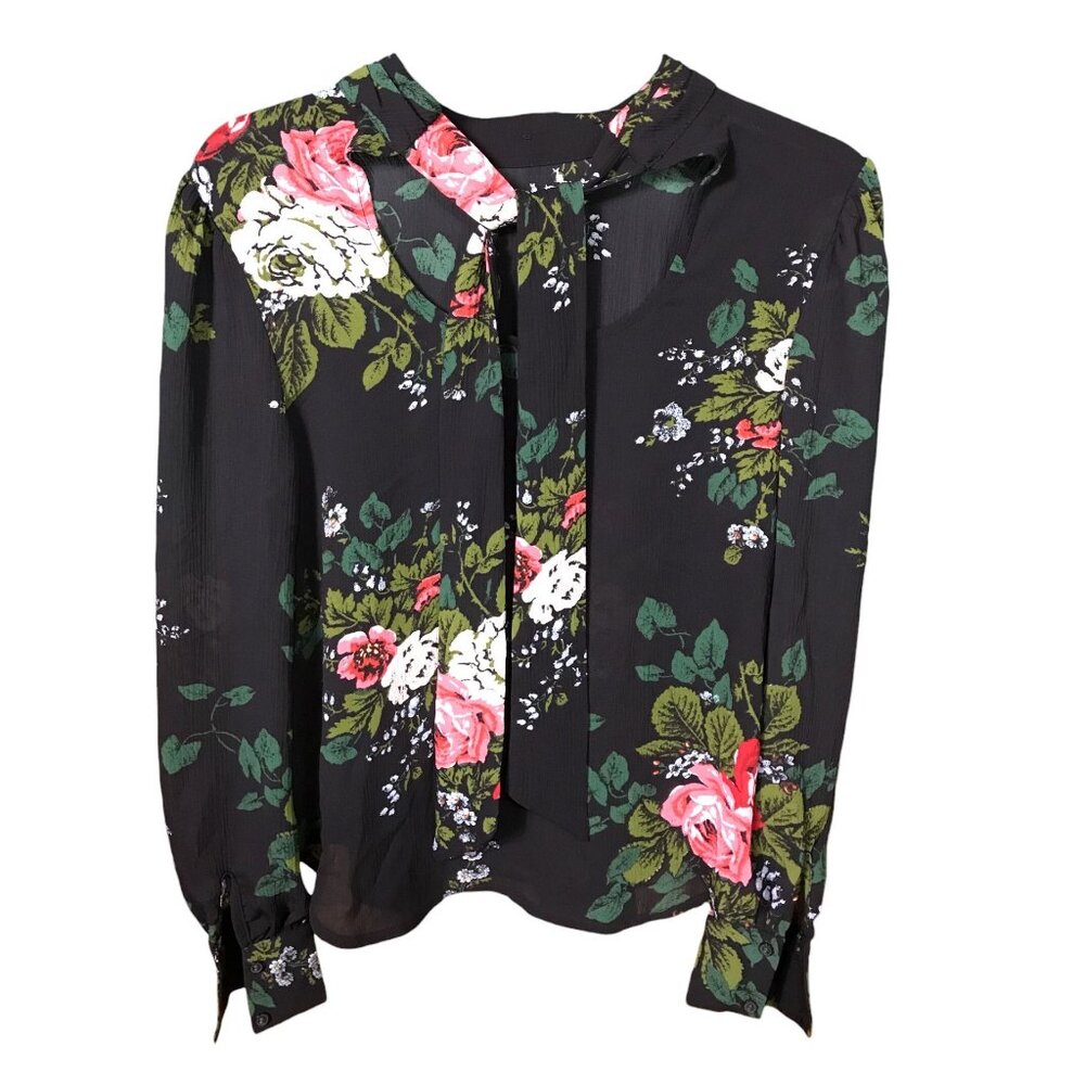 Loft Black Sheer Rose Pattern Women XXS Long Sleeves Shirt - Picture 2 of 4